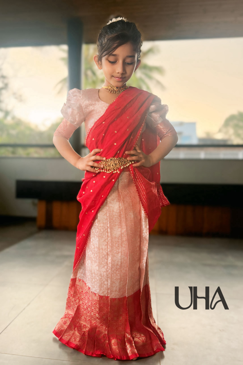 Traditional South Indian Pattu Pavadi in Pink and Red Silk Fabric
