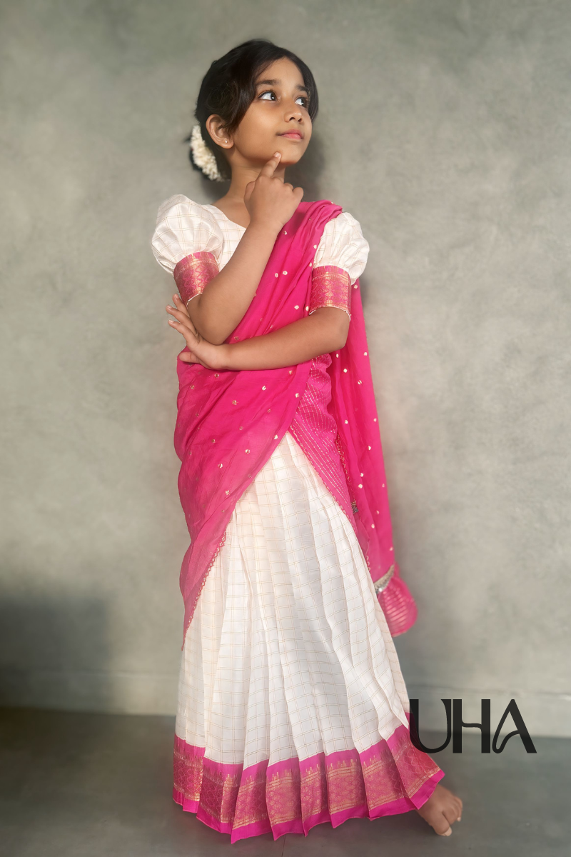 White Checks Traditional Half Saree For Girls