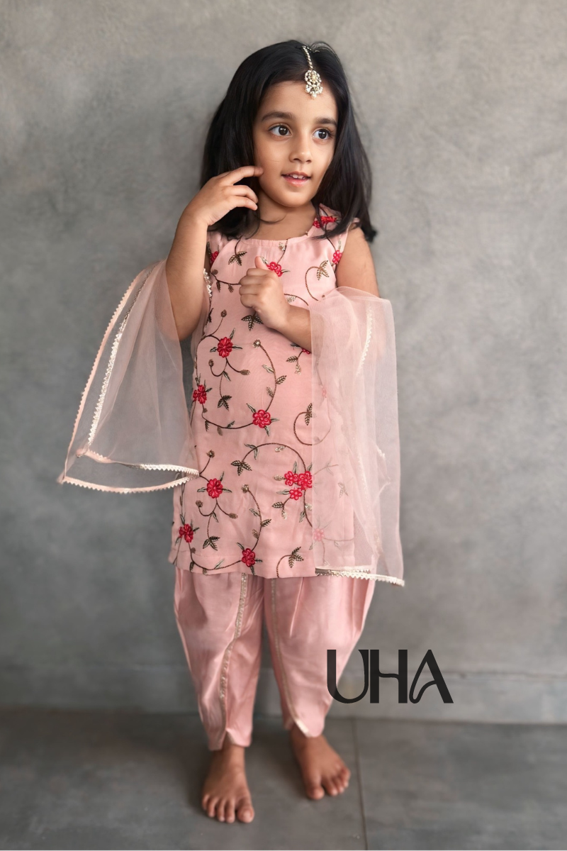 Pink Embroidery Kurti With Tulip Pants And Dupatta