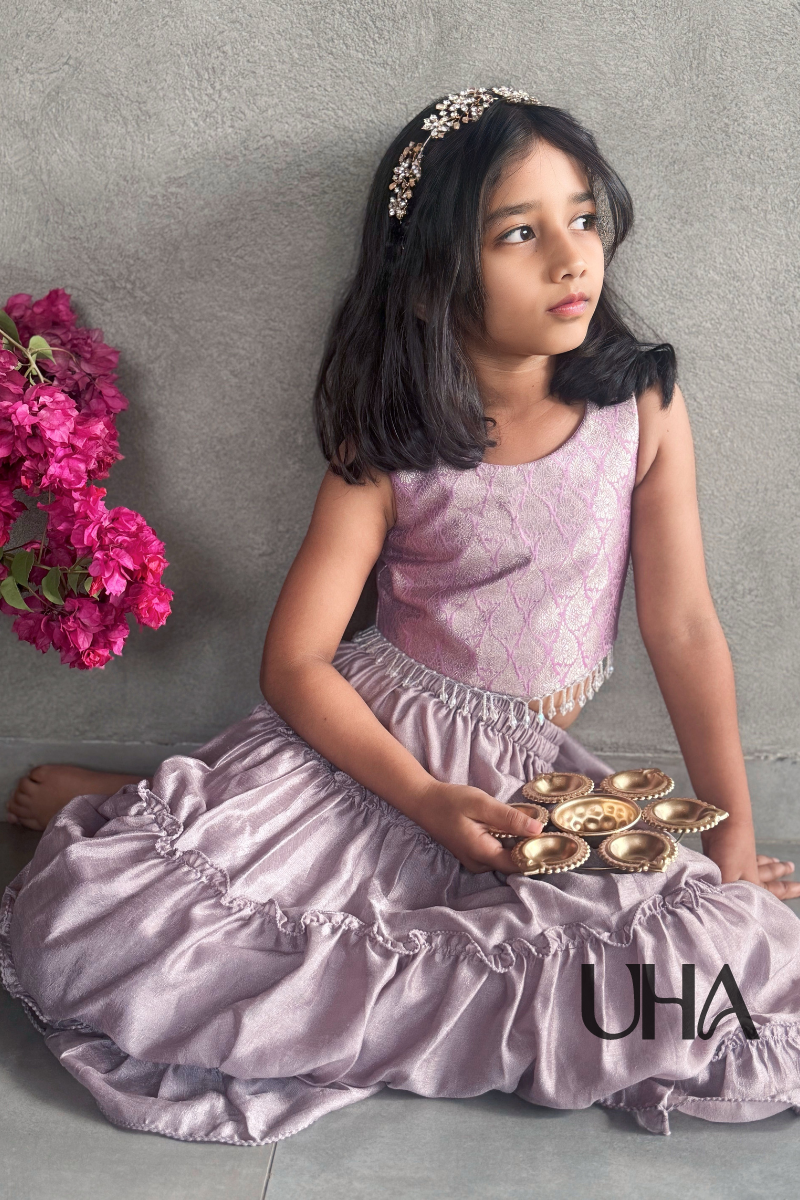 Lavender Sleeveless Brocade Blouse With Tissue Skirt