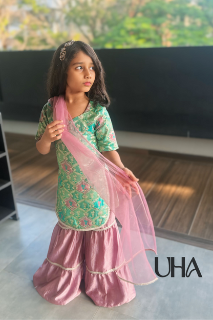 Green Floral Kurti With Sharara Pants And Dupatta