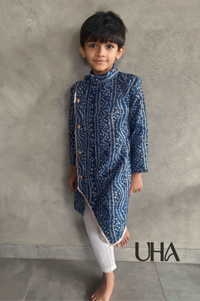 Bandhini Printed Blue Kurta For Boys With White Pants
