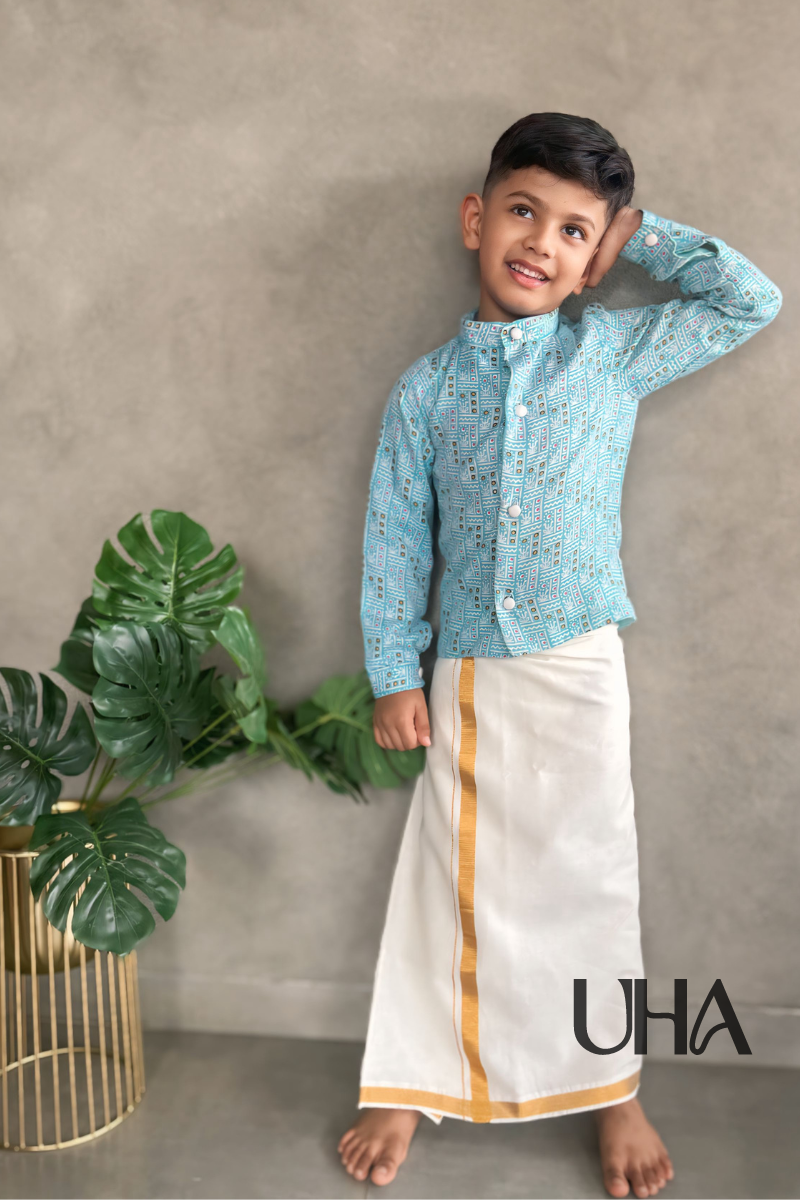 Full Sleeves Light Blue Shirt With Mundu