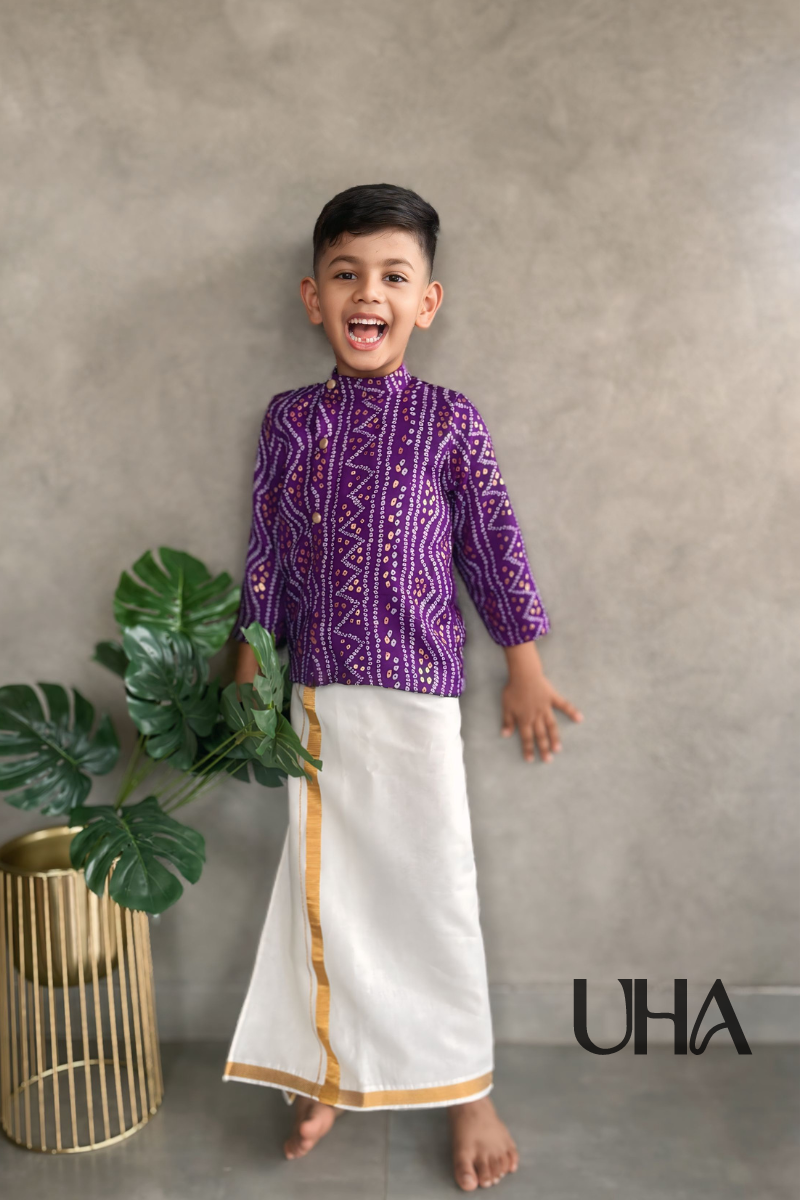 Full Sleeves Purple Shirt With Mundu