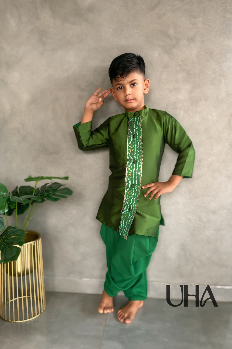 Green Bandini Kurta Set For Boys