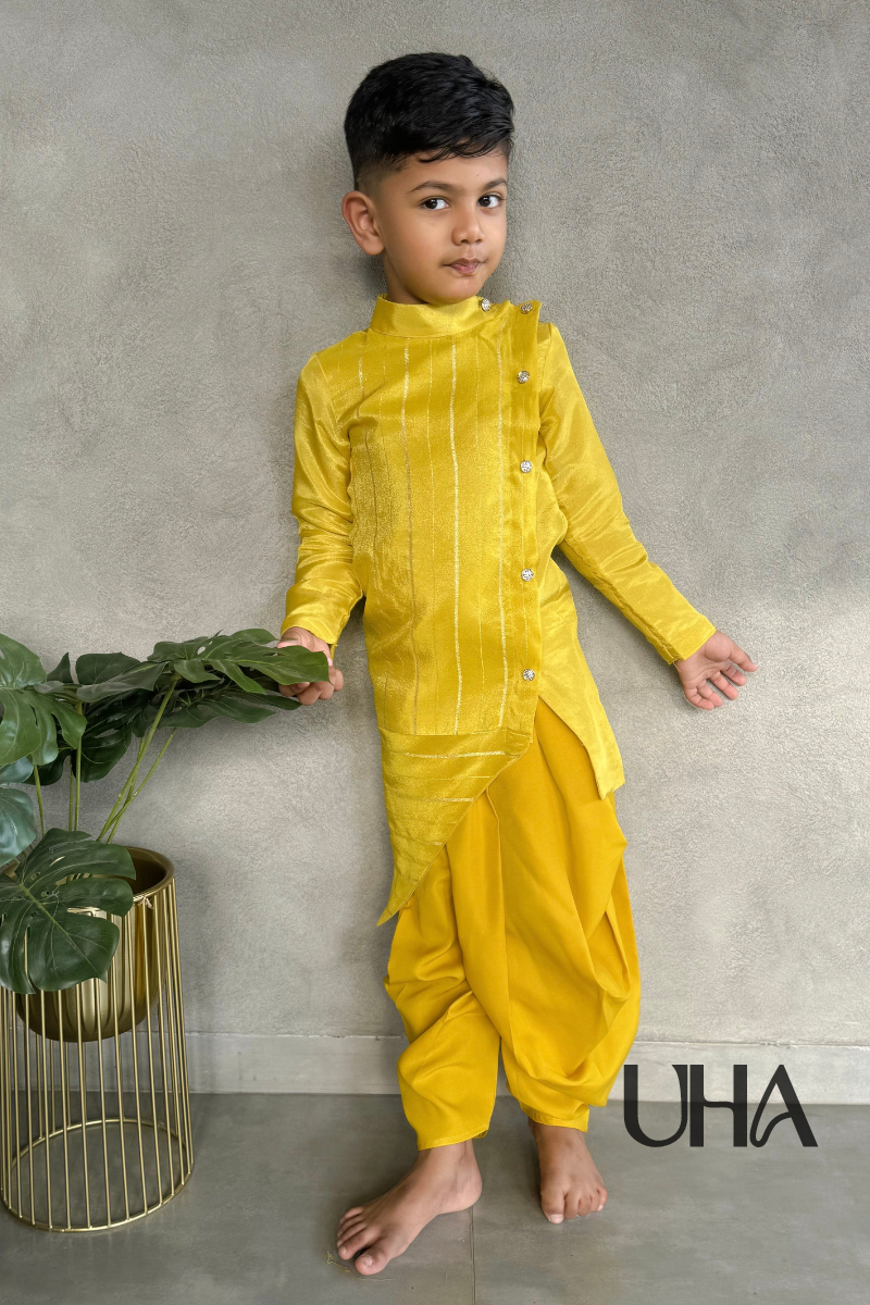 Yellow Striped Kurta And Dothi Pant Set For Boys
