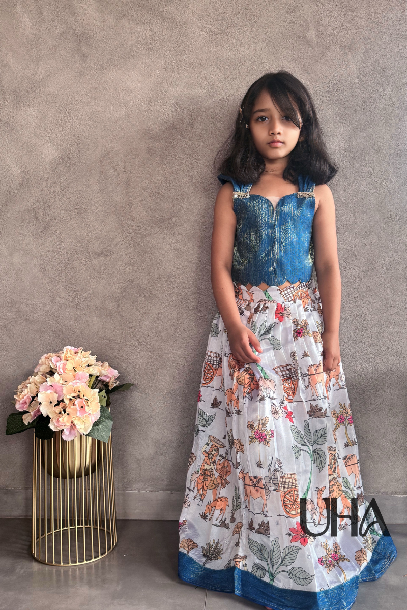 Blue Silk Blouse With Pichwai Prints Lehenga