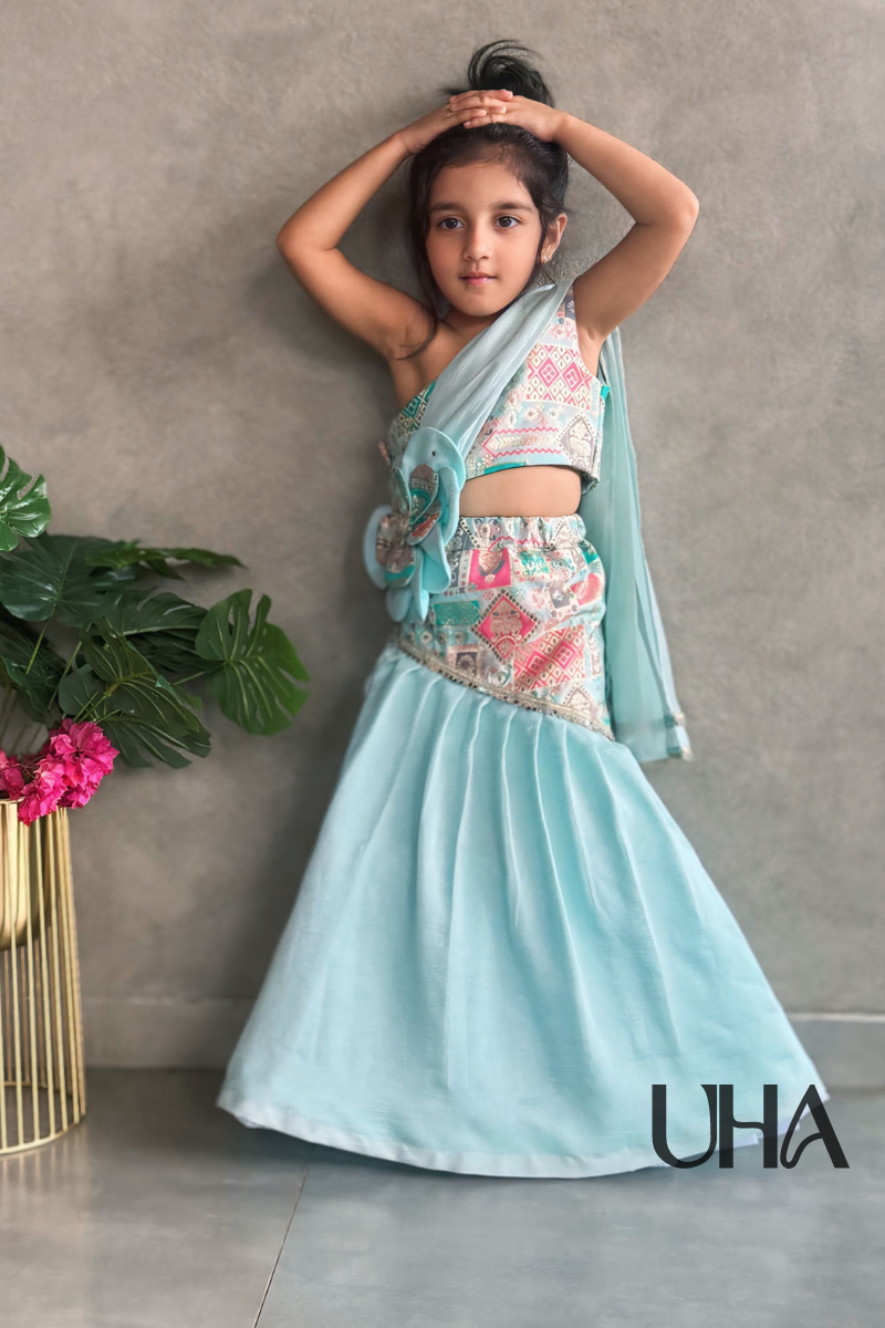 Blue Skirt and One Shoulder Top With Flower Dupatta