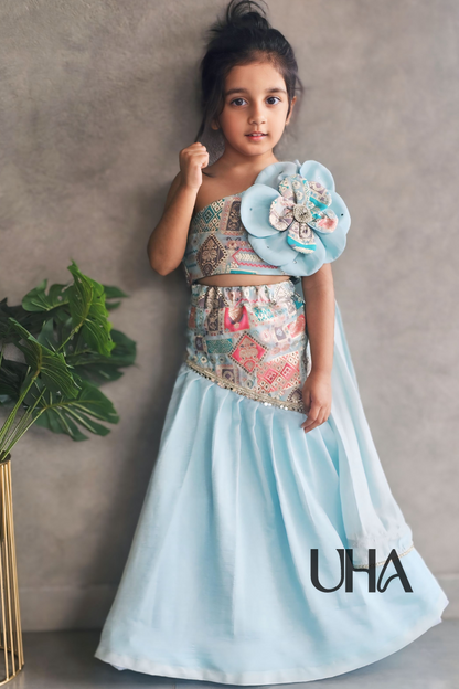Blue Skirt and One Shoulder Top With Flower Dupatta