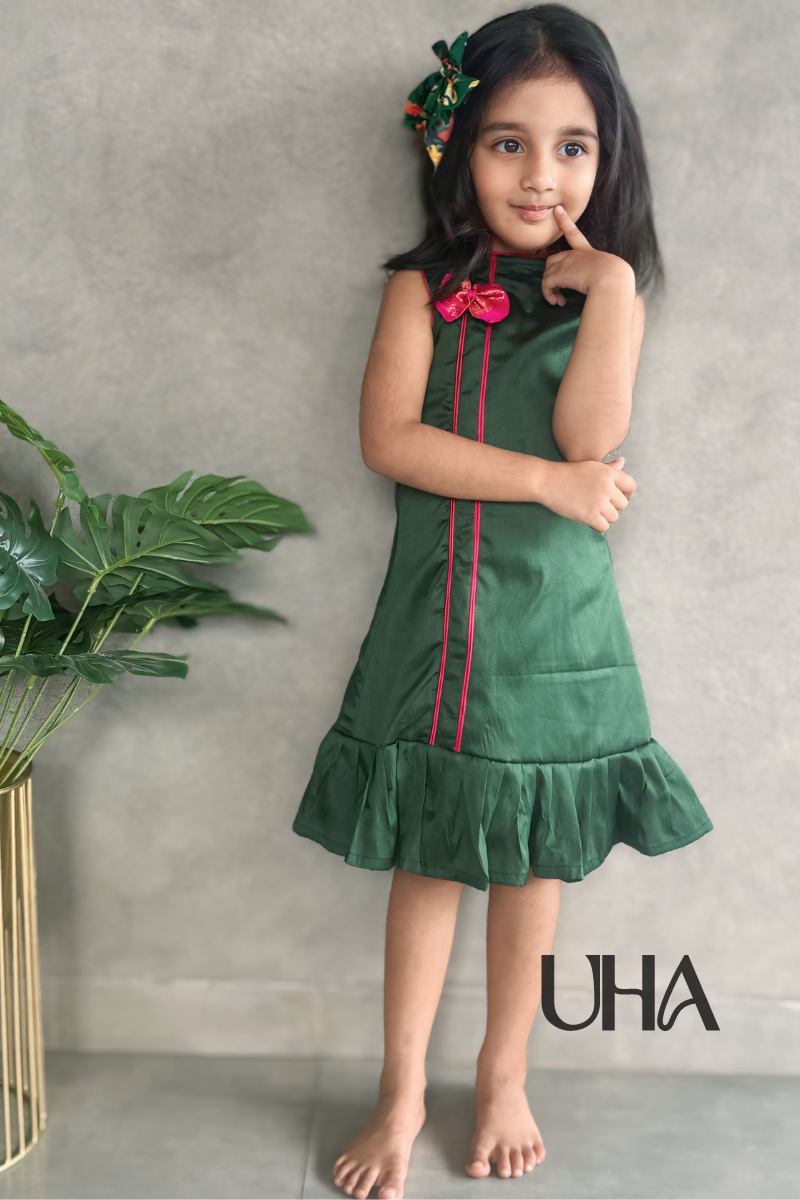Green Silk Bow Frock For Girls