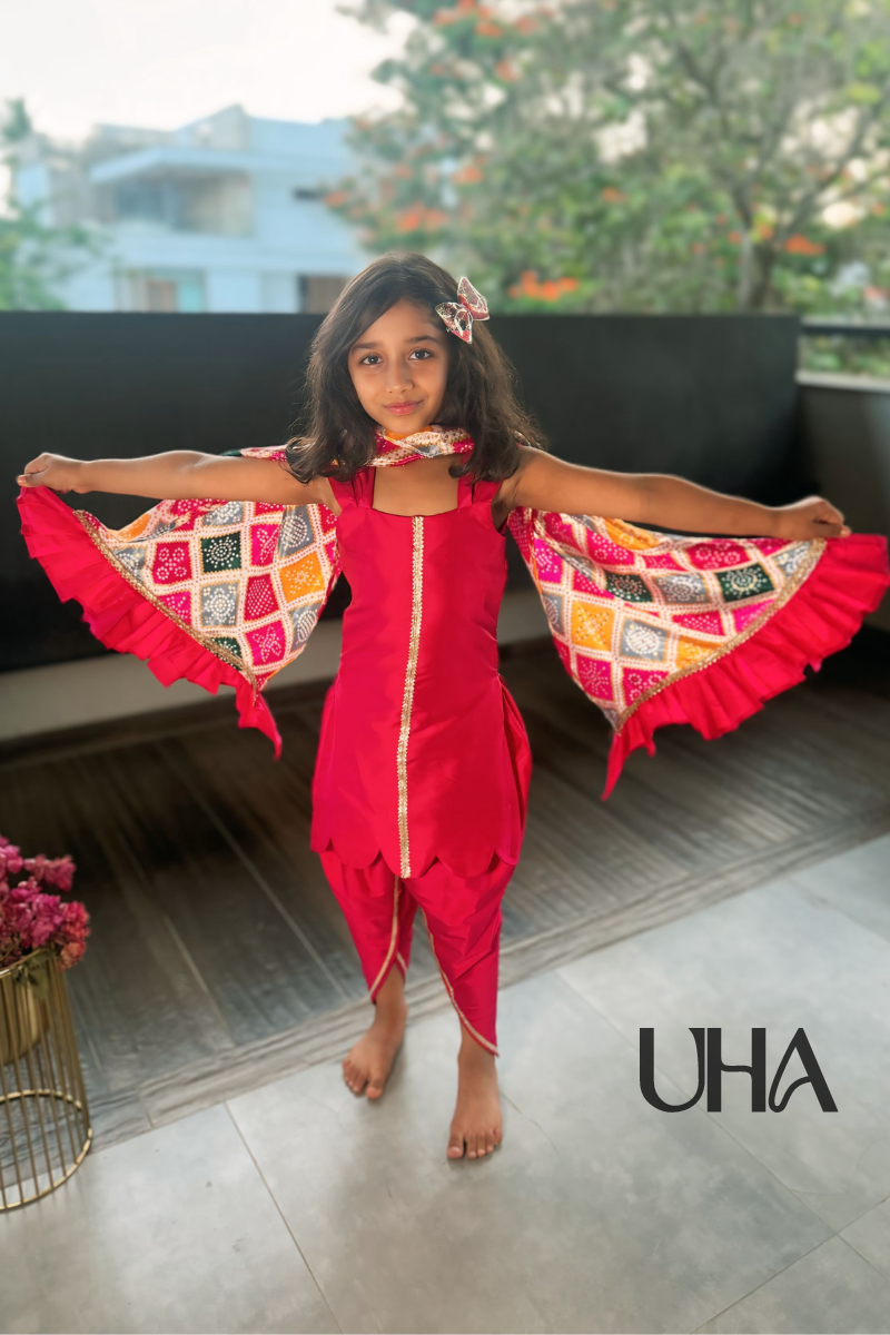 Girls Pink Kurti With Tulip Pants And Colourful Dupatta