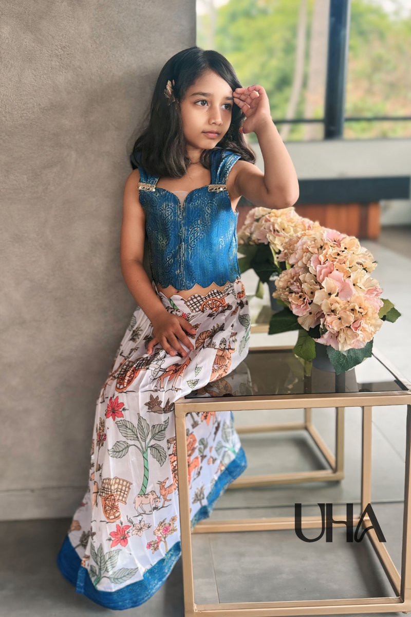 Blue Silk Blouse With Pichwai Prints Lehenga