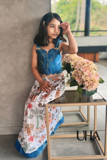 Blue Silk Blouse With Pichwai Prints Lehenga