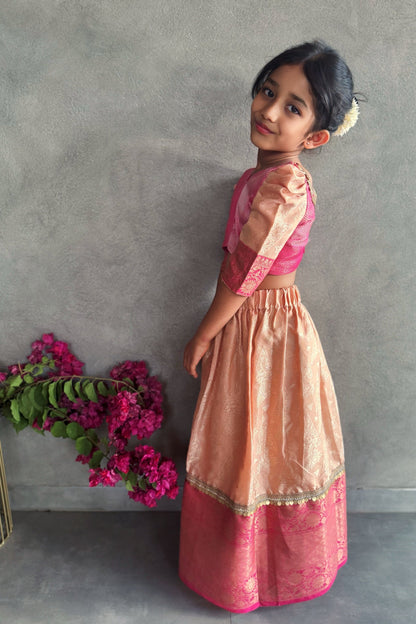 Orange And Pink Silk Pattu Pavadi