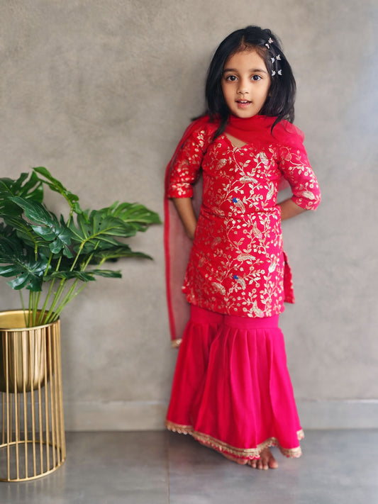 Red Floral Kurti With Sharara Pants And Dupatta