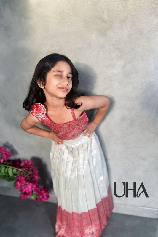 Red Banarasi Top With White Pleated Lehenga