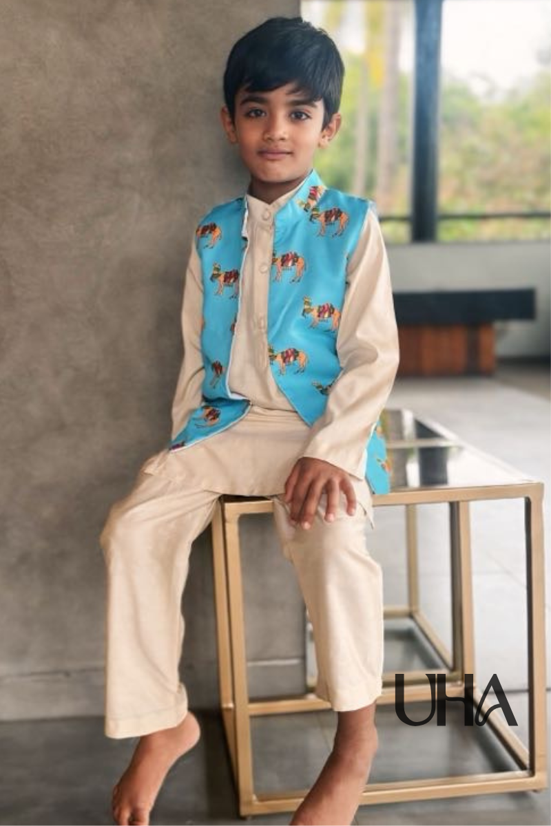Blue Camel Print Waist Coat With Kurta Set