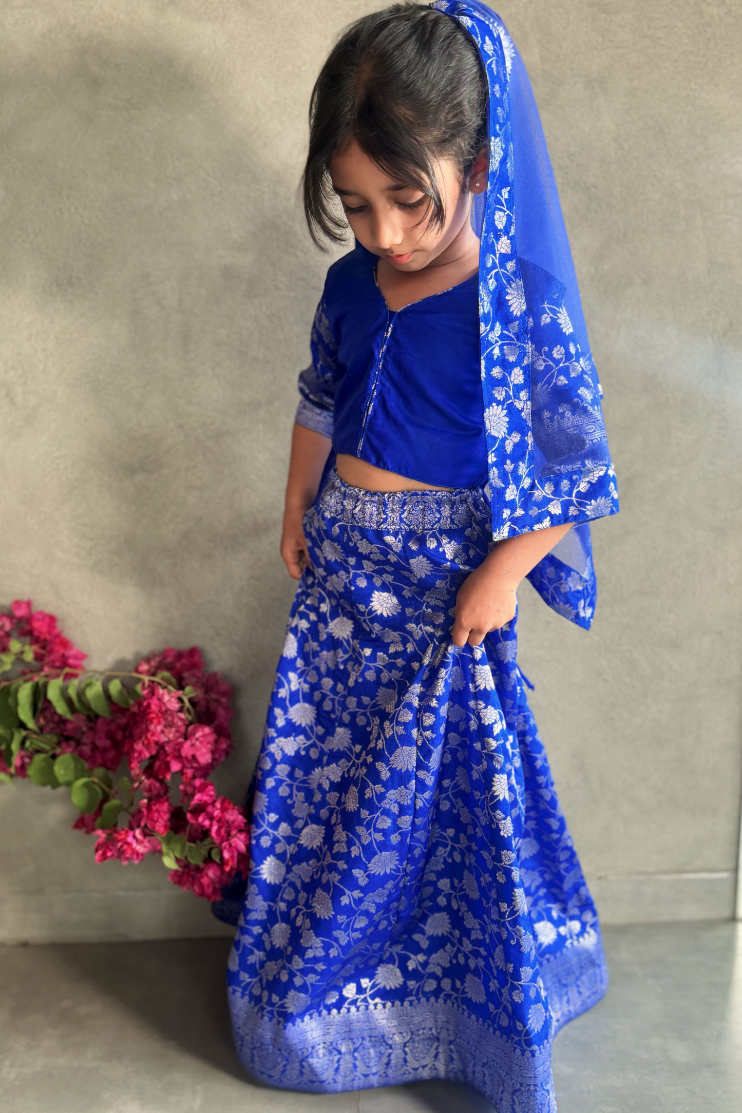 Blue And Silver Silk Lehenga